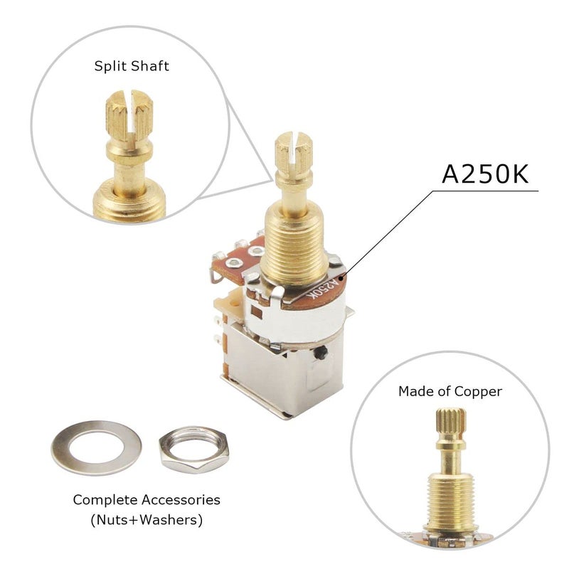 FLEOR 2pcs A250K Push Push Guitar Pots Audio Taper Potentiometers Long Copper Split Shaft - Image 3